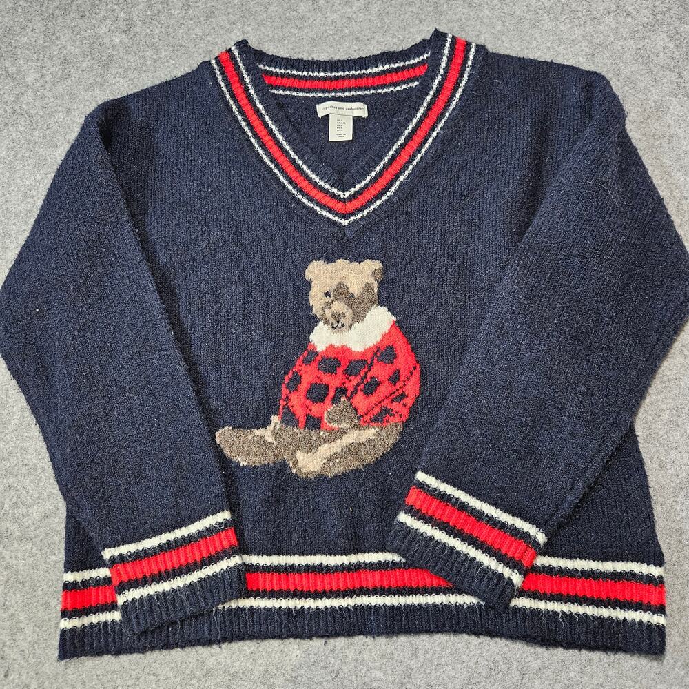 Cupcakes and Cashmere Navy V-Neck Teddy Bear Varsity Pullover Sweater L